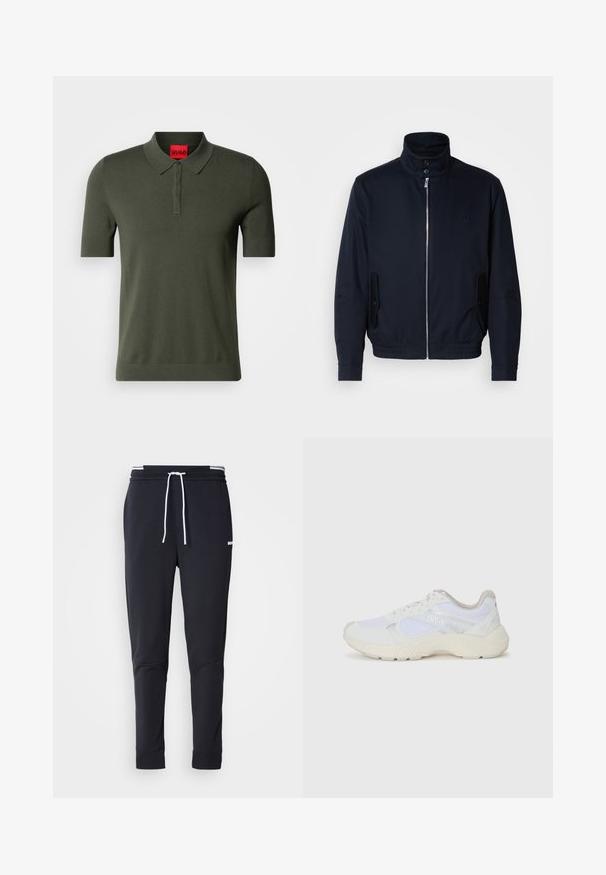 Mornarsko moder plašč z visokim ovratnikom, sprednjim zadrge, stranskimi žepi in rebrastimi manšetami. Gladka tekstura s subtilno detajlom logotipa na prsih.; Olivno zelena polo majica s kratkimi rokavi, izdelana iz pletenine. Ima mehko ovratnico, plaketko z tremi gumbi in rdečo oznako pri vratu.; Črne slim-fit jogger hlače z belo vrvico, elastičnim pasom z belimi črtami in majhnim belim logotipom na zgornjem stegnu.; Bela športna obuvala iz mrežastega in semiš materiala, z teksturiranim podplatom, teksturiranimi dodatki in logotipom "HUGO" na strani.