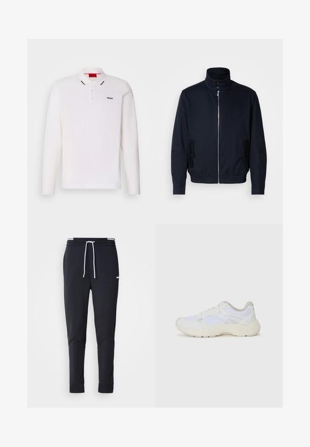 Jūras zils žakets ar augstu apkakli, priekšējo rāvējslēdzi, sānu kabatām un ribotajiem piedurknēm. Gluda tekstūra ar nelielu logotipa detaļu uz krūšu.; Baltā garām piedurknēm polo krekls, izgatavots no auduma ar gludu tekstūru. Iespējots divu pogu aizdare, melna logo un kontrastējoša apkakles detaļa.; Melnas pieguļošas jogger bikses ar baltu auklu, elastīgu jostasvietu ar baltām svītrām un mazu baltu logotipu augšstilbā.; Baltas sporta apavi, kas izgatavoti no sieta un zamšāda, ar teksturētu starpzoli, teksturētām akcentēm un "HUGO" logo sānos.