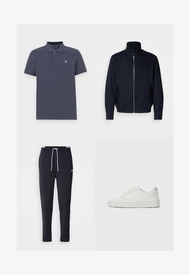 Tengerészkék dzseki magas gallérral, elülső cipzárral, oldalsó zsebekkel és bordázott mandzsettákkal. Sima felület, amelyen diszkrét logórészlet található a mellrészen.; Tengerészkék pólóing pamut keverékből, két gombos kivágással, rövid ujjakkal és egy apró hímzett logóval a bal mellrészen.; Fekete, slim-fit rakott nadrág fehér zsinórral, elasztikus derékpánttal, fehér csíkokkal, és kisebb fehér logóval a comb felső részén.; Fehér bőr sportcipő sima felülettel, kerek orral, lapos fűzőkkel és texturált talppal. Finom logó található a sarokon.