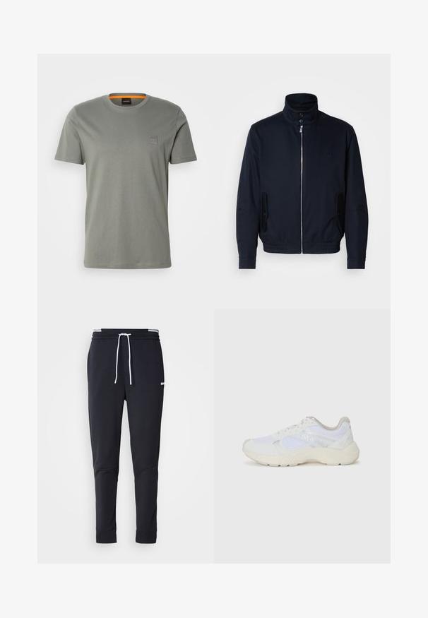 Námořnická modrá bunda s vysokým límcem, předním zipem, bočními kapsami a vroubkovanými manžetami. Hladká textura s jemným logem na hrudi.; Šedé bavlněné tričko s krátkým rukávem a kulatým výstřihem. Na levé části hrudi se nachází malá obdélníková nášivka s logem v odpovídající barvě.; Černé slim-fit jogger kalhoty s bílým stahovacím proužkem, elastickým pasem s bílými pruhy a malým bílým logem na horní části stehna.; Bílé sportovní boty vyrobené z síťoviny a semiše, s texturovanou mezipodešví, texturovanými akcenty a logem "HUGO" na boku.