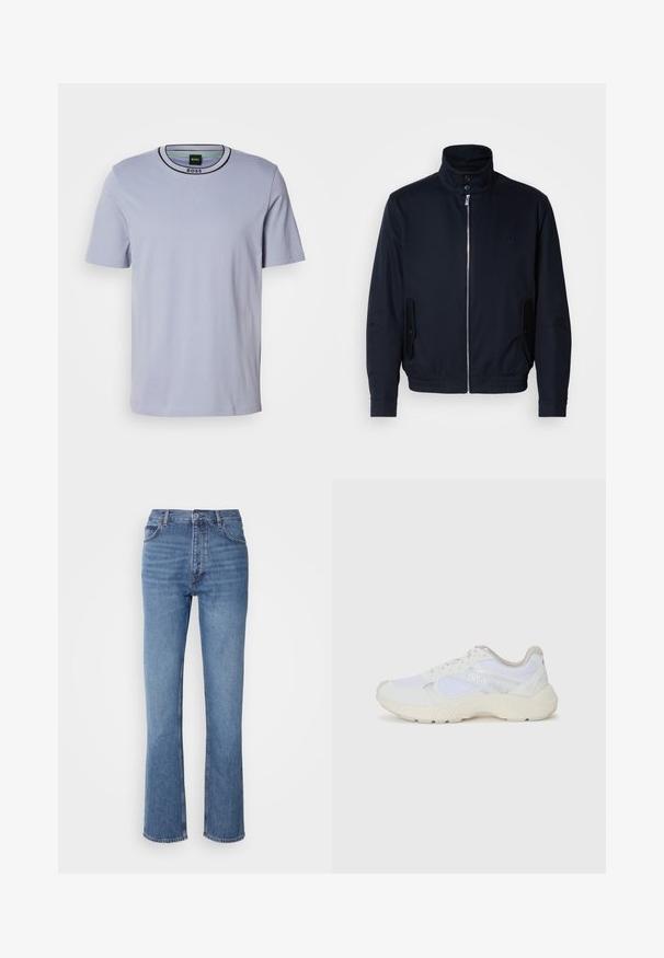 Jūras zils žakets ar augstu apkakli, priekšējo rāvējslēdzi, sānu kabatām un ribotajiem piedurknēm. Gluda tekstūra ar nelielu logotipa detaļu uz krūšu.; Gaiši zils īsā piedurkņu T-krekls no mīksta kokvilnas. Tam ir klasisku apaļu kakla izgriezums ar melnu apdari un neliela logotipa birka uz apkakles.; Zilā denima bikses ar augstu jostasvietu, taisnas kājas dizainu un vieglu nolietojumu. Satur klasisku piecu kabatu stilu un ar rāvējslēdzēju aizdari.; Baltas sporta apavi, kas izgatavoti no sieta un zamšāda, ar teksturētu starpzoli, teksturētām akcentēm un "HUGO" logo sānos.