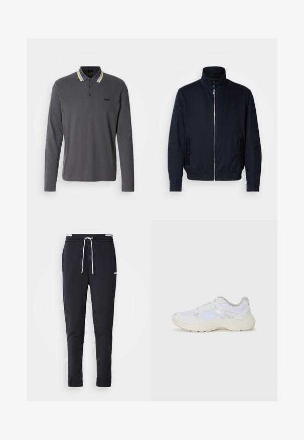 Tengerészkék dzseki magas gallérral, elülső cipzárral, oldalsó zsebekkel és bordázott mandzsettákkal. Sima felület, amelyen diszkrét logórészlet található a mellrészen.; Hosszú ujjú, sötétszürke pólóing, kontrasztos gallérral, amelyen fehér, szürke és neon sárga csíkok találhatóak. Kicsi hímzett logó a mellkason.; Fekete, slim-fit rakott nadrág fehér zsinórral, elasztikus derékpánttal, fehér csíkokkal, és kisebb fehér logóval a comb felső részén.; Fehér sportcipők, amelyek hálós és velúr anyagból készültek, texturált középtalppal, texturált részletekkel és a "HUGO" logóval az oldalon.