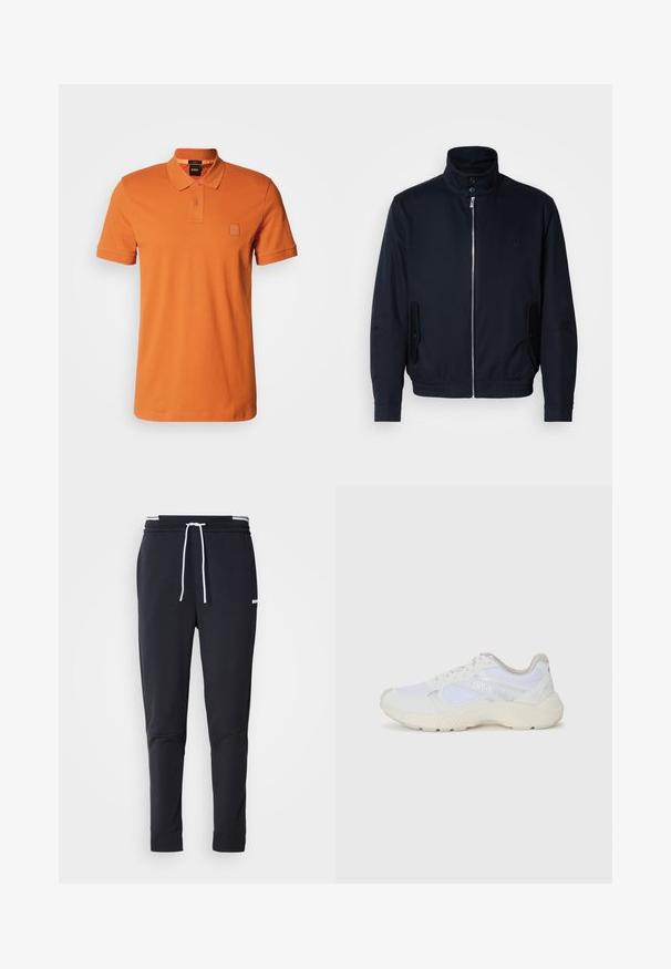 Jachetă bleumarin cu guler înalt, fermoar frontal, buzunare laterale și mansete cu nervuri. Textură netedă cu un detaliu subtil al logo-ului pe piept.; Polo portocalie cu guler, mâneci scurte, două butoane și un logo embossat pe piept. Textură de țesătură netedă.; Pantaloni jogger slim-fit negri cu șnur alb, talie elastică cu dungi albe și un mic logo alb pe coapsa superioară.; Adidași albi, din plasă și piele întoarsă, cu o talpă intermediară texturată, accente texturate și logo-ul "HUGO" pe lateral.
