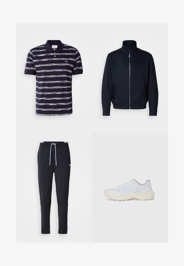 Jūras zils žakets ar augstu apkakli, priekšējo rāvējslēdzi, sānu kabatām un ribotajiem piedurknēm. Gluda tekstūra ar nelielu logotipa detaļu uz krūšu.; Īsām piedurknēm tumši zilas polo krekls ar baltām horizontālām svītrām, divu pogu aizdare un izšūta logo uz krūtīm. Kokvilnas materiāls.; Melnas pieguļošas jogger bikses ar baltu auklu, elastīgu jostasvietu ar baltām svītrām un mazu baltu logotipu augšstilbā.; Baltas sporta apavi, kas izgatavoti no sieta un zamšāda, ar teksturētu starpzoli, teksturētām akcentēm un "HUGO" logo sānos.
