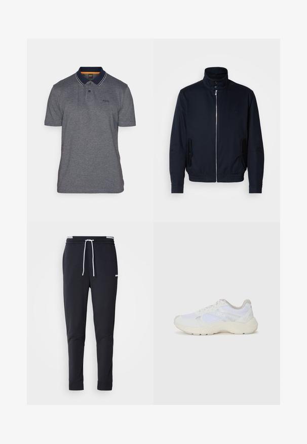 Casaco azul marinho com colarinho alto, fecho éclair frontal, bolsos laterais e punhos canelados. Textura suave com um detalhe logo discreto no peito.; Polo de cor cinza-escuro com colarinho azul-marinho e detalhes brancos, apresentando uma casa de botões de três botões e logótipo bordado no lado esquerdo do peito.; Calças de jogger ajustadas pretas com cordão branco, cintura elástica com riscas brancas e pequeno logo branco na parte superior da coxa.; Ténis brancos desportivos feitos de malha e camurça, com uma entressola texturizada, elementos texturizados e o logótipo "HUGO" na lateral.