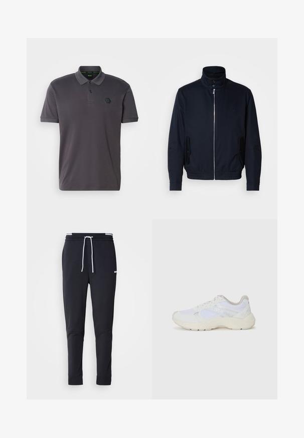 Marineblå jakke med høy krage, glidelås foran, sidelommer og ribbestrikkede mansjetter. Glatt tekstur med en subtil logo detaljer på brystet.; Mørkegrå polo skjorte med krage, korte ermer, to knapper og et teksturert sekskantet logo på brystet. Glatt stoffoverflate.; Sorte slim-fit joggebukser med hvit snor, elastisk midjebånd med hvite striper, og en liten hvit logo på overlåret.; Hvit idrettssko laget av mesh og skinn, med en teksturert mellomsåle, teksturerte detaljer og "HUGO"-logo på siden.