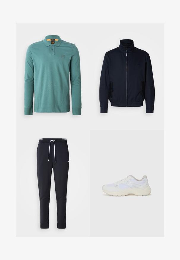 Navy blue jacket with a high collar, front zipper, side pockets, and ribbed cuffs. Smooth texture with a subtle logo detail on the chest.; Long-sleeve polo shirt in teal cotton. Features a collar, two buttons, and a small logo patch on the left chest.; Black slim-fit jogger pants with white drawstring, elastic waistband with white stripes, and small white logo on the upper thigh.; White athletic shoes made of mesh and suede, featuring a textured midsole, textured accents, and "HUGO" logo on the side.