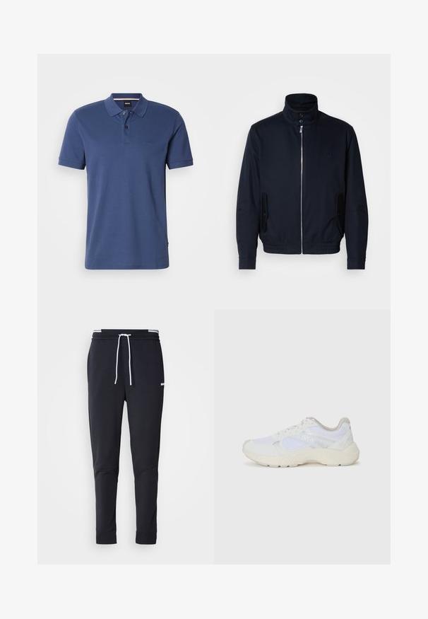 Casaco azul marinho com colarinho alto, fecho éclair frontal, bolsos laterais e punhos canelados. Textura suave com um detalhe logo discreto no peito.; Camisa de polo azul de manga curta para homens, com colarinho, pala de dois botões e pequeno logótipo "BOSS" bordado no lado esquerdo do peito.; Calças de jogger ajustadas pretas com cordão branco, cintura elástica com riscas brancas e pequeno logo branco na parte superior da coxa.; Ténis brancos desportivos feitos de malha e camurça, com uma entressola texturizada, elementos texturizados e o logótipo "HUGO" na lateral.