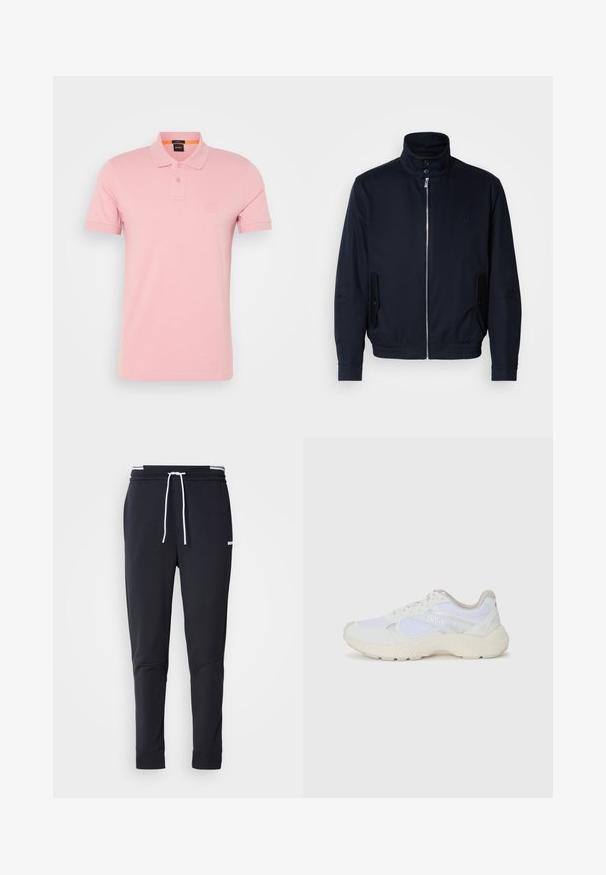 Marinblå jacka med hög krage, frontdragkedja, sidofickor och ribbade ärmar. Slät textur med en diskret logodetalj på bröstet.; Rosa polo skjorta i bomull, med krage som viks över, tvåknapps stängning och diskret logotyp på bröstet. Kortsleevar.; Svarta slim-fit joggerbyxor med vit dragsko, elastisk midja med vita ränder och en liten vit logotyp på övre låret.; Vitaidrottsskor i mesh och mocka med en strukturerad mellansula, texturerade accenter och "HUGO"-logotypen på sidan.