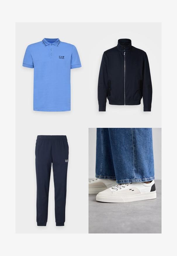 Námořnická modrá bunda s vysokým límcem, předním zipem, bočními kapsami a žebrovanými manžetami. Hladká textura s jemným logem na hrudi.; EA7 Emporio Armani TRAIN CORE - Polokošeľa - granada sky; Námornícke modré tepláky s elastickým pásom a manžetami. Na ľavej nohe je malé biele logo. Vyrobené z mäkkého, elastického materiálu.; Biele a čierne tenisky s hladkým koženým zvrškom, štruktúrovanými akcentmi a masívnou bielou podrážkou. Obsahujú klasický dizajn so šnurovaním.