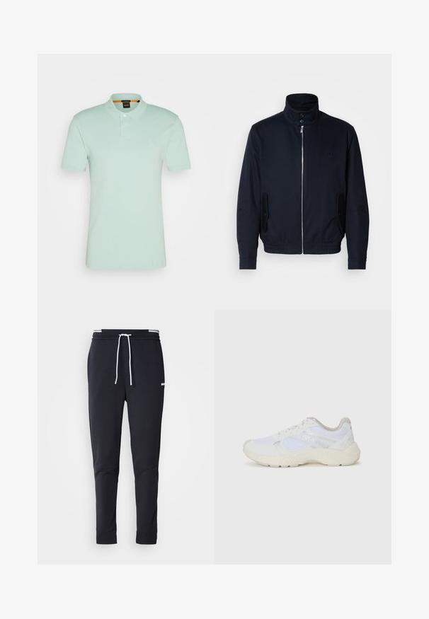 Casaco azul marinho com colarinho alto, fecho éclair frontal, bolsos laterais e punhos canelados. Textura suave com um detalhe logo discreto no peito.; Polo de cor verde menta claro feito de algodão, com colarinho clássico, constrição de dois botões e um pequeno logótipo em relevo no peito.; Calças de jogger ajustadas pretas com cordão branco, cintura elástica com riscas brancas e pequeno logo branco na parte superior da coxa.; Ténis brancos desportivos feitos de malha e camurça, com uma entressola texturizada, elementos texturizados e o logótipo "HUGO" na lateral.