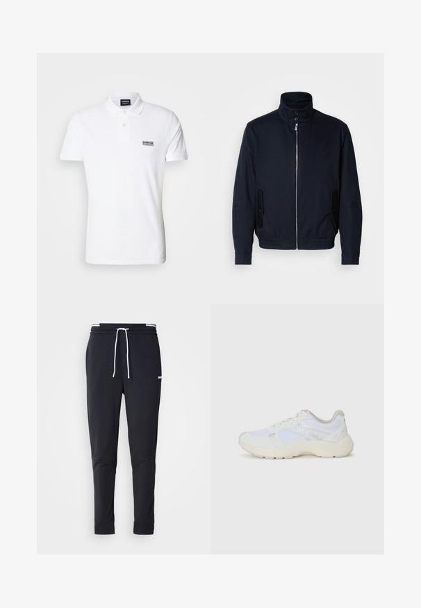 Marineblauwe jas met hoge kraag, voorsluiting met rits, zijzakken en ribgebreide manchetten. Gladde textuur met een subtiele logo-detail op de borst.; Witte polo shirt van katoen, met een klassieke kraag, twee knopen en een klein zwart "Barbour International" logo op de borst.; Zwarte slim-fit joggerbroek met witte trekkoord, elastische tailleband met witte strepen en klein wit logo op het bovenbeen.; Witte sportief schoenen van mesh en suede, met een gestructureerde tussenzool, gestructureerde accenten en het "HUGO" logo aan de zijkant.
