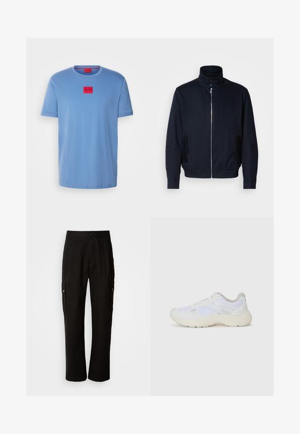 Navy blue jacket with a high collar, front zipper, side pockets, and ribbed cuffs. Smooth texture with a subtle logo detail on the chest.; Light blue cotton t-shirt with a round neckline, short sleeves, and a red square logo patch featuring the word “HUGO” on the chest.; Black cargo pants made of cotton with a relaxed fit, featuring side pockets, a button closure, and straight legs. Simple design without patterns.; White athletic shoes made of mesh and suede, featuring a textured midsole, textured accents, and "HUGO" logo on the side.