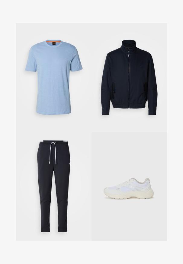Tengerészkék dzseki magas gallérral, elülső cipzárral, oldalsó zsebekkel és bordázott mandzsettákkal. Sima felület, amelyen diszkrét logórészlet található a mellrészen.; Világoskék, rövid ujjú póló, puha pamutból készült. Kerek nyakkivágással rendelkezik, és finoman domborított logó található a mellkasán.; Fekete, slim-fit rakott nadrág fehér zsinórral, elasztikus derékpánttal, fehér csíkokkal, és kisebb fehér logóval a comb felső részén.; Fehér sportcipők, amelyek hálós és velúr anyagból készültek, texturált középtalppal, texturált részletekkel és a "HUGO" logóval az oldalon.