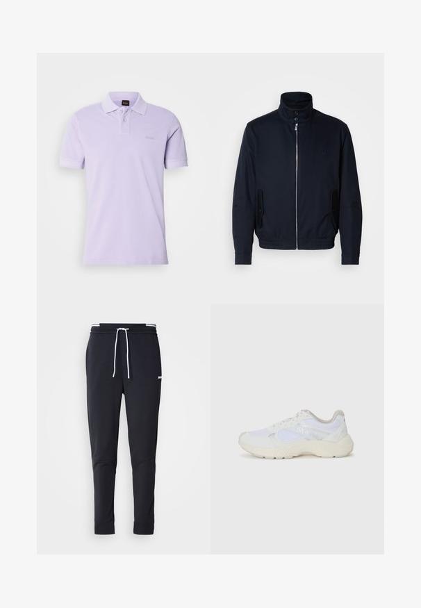 Marinblå jacka med hög krage, frontdragkedja, sidofickor och ribbade ärmar. Slät textur med en diskret logodetalj på bröstet.; Pikétröja i ljus lavendel, korta ärmar, tillverkad av bomull, har en treknäppningsslå, diskret logotyp på bröstet, mjuk textur.; Svarta slim-fit joggerbyxor med vit dragsko, elastisk midja med vita ränder och en liten vit logotyp på övre låret.; Vitaidrottsskor i mesh och mocka med en strukturerad mellansula, texturerade accenter och "HUGO"-logotypen på sidan.
