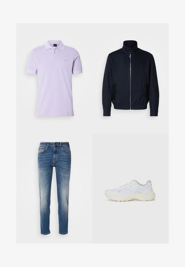 Casaco azul marinho com colarinho alto, fecho éclair frontal, bolsos laterais e punhos canelados. Textura suave com um detalhe logo discreto no peito.; Polo em lavanda clara, mangas curtas, feito de algodão, apresenta uma pala de três botões, um logotipo discreto no peito, textura suave.; Jeans de ganga azul com um design de perna reta, desbotamento ligeiro, estilo clássico de cinco bolsos e fecho de zip com botão.; Ténis brancos desportivos feitos de malha e camurça, com uma entressola texturizada, elementos texturizados e o logótipo "HUGO" na lateral.