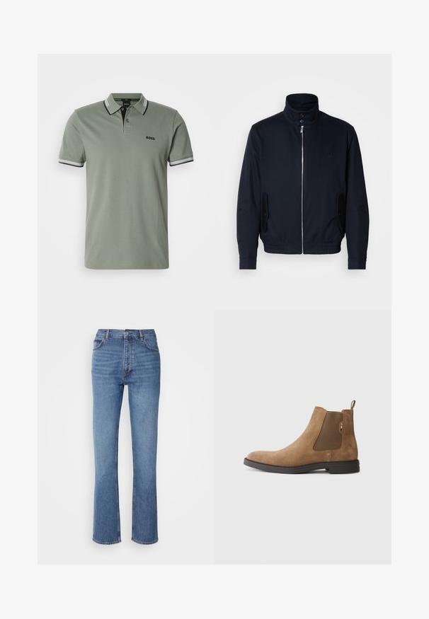 Tumesinine jope, millel on kõrge krae, ees tõmblukk, küljetaskud ja soonikkoes varrukad. Sile tekstuur koos õrnalt logo detailiga rinna piirkonnas.; Hele roheline lühikeste varrukatega polo särk, millel on kahe nupuga kaelus, triibuline kaelus ja varrukad ning "BOSS" logo vasakul rinnal.; Sinised denim teksad kõrge vöökoha, sirge jala disaini ja kerge pleekimisega. Omavad klassikalist viit taskut ja tõmbluku sulgemist.; Pruunist nubukist Chelsea saabas, millel on elastsed küljepaneelid ja tõmblõng. Omab ümarat varbaosa ja tasast kummist tallat, et tagada stabiilsus.