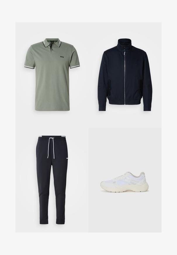 Tamsiai mėlyna striukė su aukšta apykakle, priekine užtrauktuku, šoninėmis kišenėmis ir gipiūriniais rankogaliais. Lygus paviršius su subtiliu logotipu ant krūtinės.; Šviesiai žalia trumpomis rankovėmis polo marškinėliai su dviejų mygtukų prisiuvimu, dryžuotu apykakle ir rankogaliais, bei "BOSS" logotipu kairėje krūtinės pusėje.; Juodi liekni džinsai su balta raišteliu, elastinga juosmens juosta su baltais raštais ir maža balta logotipu viršutiniame šlaunies taške.; Balti sportiniai bateliai, pagaminti iš tinklinės medžiagos ir zomšos, su tekstūruotu viduriu, tekstūruotais akcentais ir „HUGO“ logotipu šone.