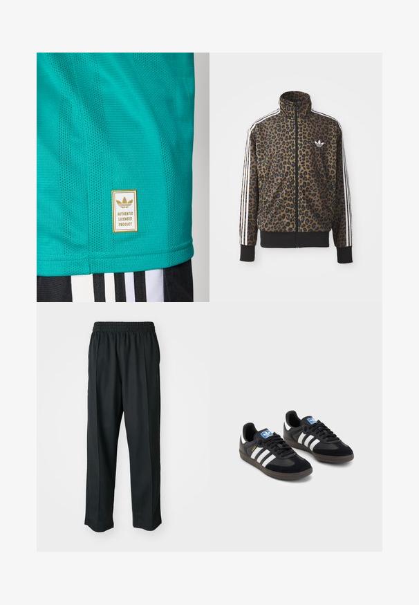 Casaco com fecho de correr em estampa de leopardo nas cores castanho e preto, com detalhes em branco de três riscas nas mangas e uma bainha canelada preta. Logótipo clássico da Adidas.; Camisa atlética turquesa com um tecido texturizado e respirável. Apresenta uma etiqueta dourada que diz "PRODUTO LICENCIADO AUTÊNTICO" e detalhes em malha.; Calças atléticas pretas com um cós elástico, feitas de tecido suave, com costuras laterais discretas e um ajuste descontraído, design de perna reta.; Sneakers pretos com parte superior em camurça e sintético, apresentando três riscas brancas, sola de borracha texturizada e etiqueta azul no linguete.