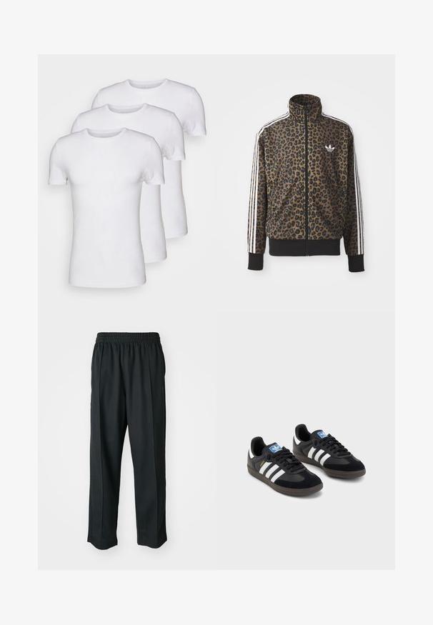 Leopardmønstret zip-up jakke i brun og sort, med hvide tre-stribe accenter på ærmerne og en sort ribbet kant. Klassisk Adidas-logo.; Tre hvite bomulls t-skjorter med korte ermer og rund hals, glatt tekstur, og uten mønstre eller grafikk.; Sorte idrettsbukser med elastisk midje, laget av glatt stoff, med subtile sidesømmer og en avslappet passform, rett ben-design.; Svarte sneakers med overdel i semsket lær og syntetisk materiale, med tre hvite striper, strukturert gummisåle og blå logoetikett på tungen.
