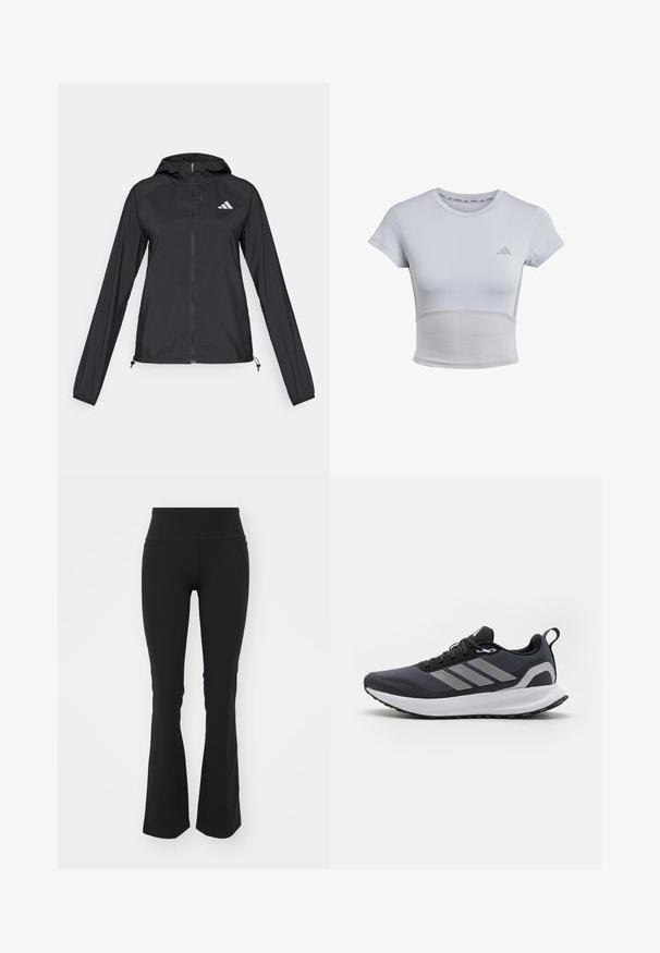 Černá lehká bunda s kapucí, dlouhými rukávy, předním zipem a malým bílým logem na horní levé straně.; adidas Performance Sportovní tričko - halo silver grey; Černé rozšířené legíny s vysokým pasem, vyrobené z elastického materiálu. Obsahují boční švy a rozparky na zakončení pro snadný pohyb.; Černá sportovní bota s prodyšným svrškem, bílou mezipodešví, texturovanou gumovou podešví a třemi šedými pruhy na boku. Obsahuje šňůrky a poutko.