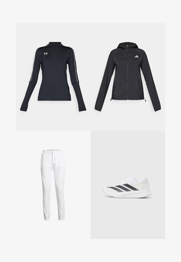 Chaqueta ligera negra con capucha, mangas largas, cierre frontal con cremallera y un pequeño logo blanco en la parte superior izquierda.; Top atlético de manga larga negro con cuello alto, que presenta rayas laterales blancas y un pequeño logo en la parte superior izquierda del pecho. Tejido suave y elástico.; Pantalones blancos ajustados hechos de una tela suave. Presentan una parte delantera plana, trabillas para cinturón y un diseño de cinturilla limpio. No hay bolsillos visibles.; Zapatilla deportiva blanca con rayas diagonales negras, parte superior de malla, punta redondeada y suela texturizada. Los acentos incluyen un talón plateado y un diseño minimalista.