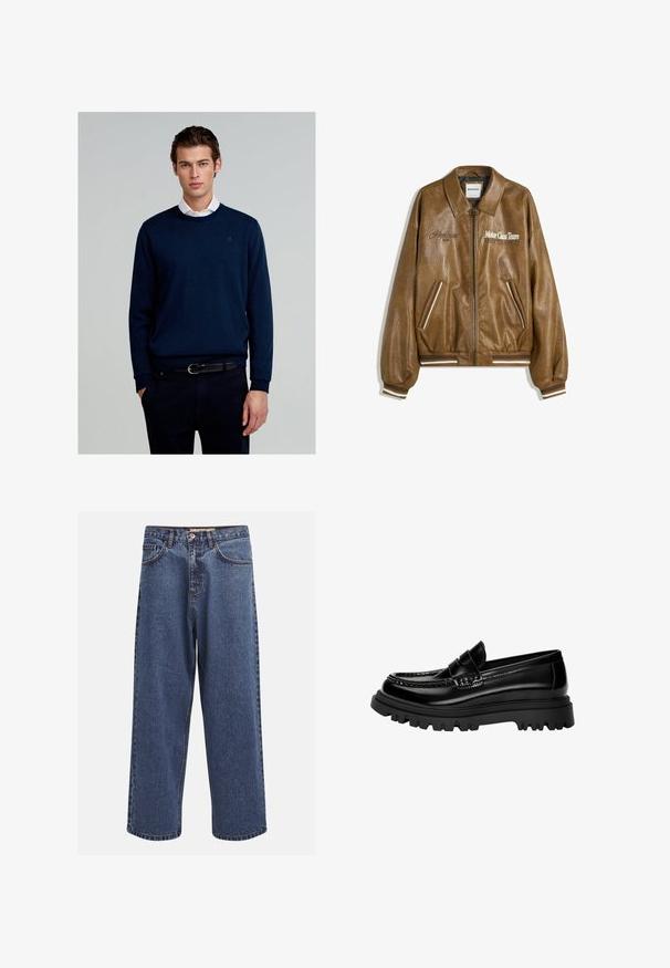 Ruskea nahkapusero, jossa on tekstuuripinta, ribbitetyt hihansuut ja helma. Ominaisuuksia ovat "Motor Class Team" -grafiikat ja raidalliset yksityiskohdat taskuissa.; Merinovillapaita, joka on valmistettu neuloksesta, jossa on pyöreä pääntie, pitkät hihat ja huomaamaton logo rinnassa, yhdistettynä tummiin housuihin ja vyöhön.; Vaaleat siniset farkut, joissa on leveät lahkeet ja haalistunut pinta. Niissä on napitettava etusuljin, viisi taskua ja eriväristä tikkausta saumoissa.; Musta kiiltävä nahkainen loaferi, jossa on teksturoitu hihna, varustettu paksulla mustalla kumipohjalla, jossa on syvät urat ja klassinen mokkasiinimuotoilu.