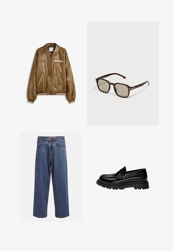 Brązowa skórzana kurtka bombowiec z teksturowanym wykończeniem, ściągaczami na mankietach i dolnym brzegu. Posiada grafikę "Motor Class Team" oraz paski na kieszeniach.; Szara koszula w kratę z długim rękawem wykonana z dżinsu, z kołnierzykiem zapinanym na guziki, dwiema kieszeniami na piersi i prostym dołem.; Szerokie niebieskie dżinsy z efektem sprania, z zipem na guziki, pięcioma kieszeniami i kontrastowymi szwami.; Czarne, błyszczące skórzane mokasyny z teksturowanym paskiem, z masywną czarną gumową podeszwą z głębokim bieżnikiem i klasycznym designem mokasynów.; Brązowe prostokątne okulary przeciwsłoneczne z przyciemnionymi soczewkami, plastikową oprawą i metalowymi akcentami po bokach. Charakteryzują się eleganckim designem i gładką fakturą.