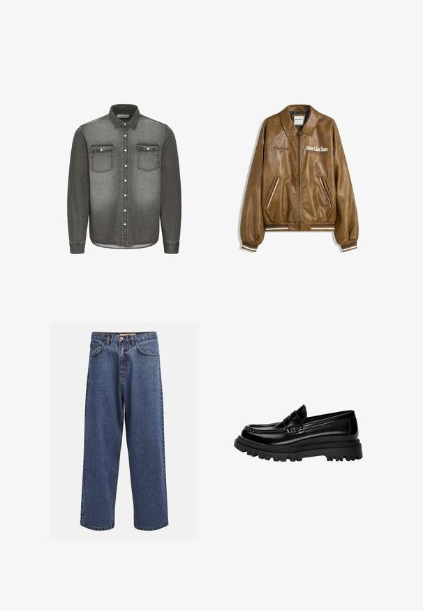 Giubbotto bomber in pelle marrone con finitura testurizzata, polsini e orlo a coste. Presenta grafiche "Motor Class Team" e accenti a righe sulle tasche.; Camicia in denim grigia con colletto alla francese, maniche lunghe, due tasche sul petto e dettagli in metallo argentato. Design a gradiente scolorito.; Jeans in denim blu a gamba larga con finitura sbiadita, dotati di chiusura a bottoni, cinque tasche e cuciture in contrasto lungo le cuciture.; Mocassini in pelle nera lucida con una fascia testurizzata, dotati di una robusta suola in gomma nera con scanalature profonde e un design classico.