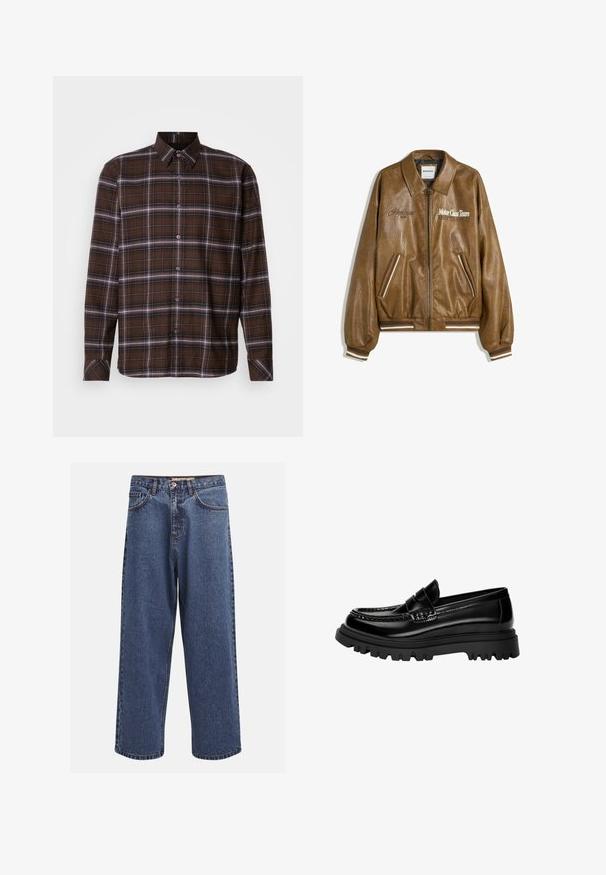 Braune Lederbomberjacke mit strukturiertem Finish, gerippten Bündchen und Saum. Mit Grafiken "Motor Class Team" und gestreiften Akzenten an den Taschen.; Braun kariertes Langarmhemd mit Knopfverschluss, weißen und schwarzen Streifen, spitzen Kragen und geknöpften Manschetten auf neutralem Hintergrund.; Weite blaue Denim-Jeans mit einem verblassten Finish, ausgestattet mit einem Knopfverschluss, fünf Taschen und kontrastierenden Nähten entlang der Säume.; Schwarze glänzende Lederloafers mit einem strukturierten Riemen, ausgestattet mit einer klobigen schwarzen Gummisohle mit tiefen Profilen und einem klassischen Mokassindesign.