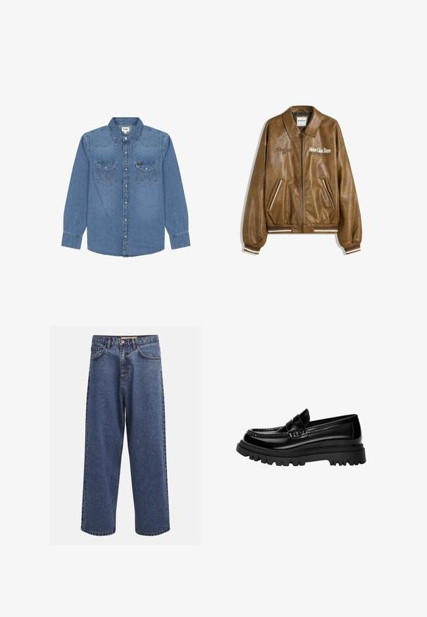 Brun læderbomberjakke med en tekstureret finish, ribbede manchetter og kant. Har grafik med "Motor Class Team" og stribede detaljer på lommer.; Lyseblå denim skjorte med lange ærmer, spids krave, to brystlommer, trykknapper og forstærkede syninger. Wrangler mærkat på lommen.; Bredde denim jeans i blå farve med en falmet finish, der har en knaplukning, fem lommer og kontrastsygning langs sømmene.; Sorte, glossy læder loafers med en tekstureret rem, der har en kraftig sort gummisål med dybe riller og et klassisk mokasindesign.