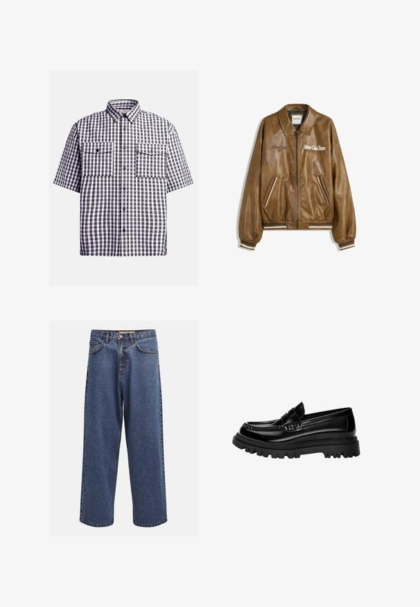 Rjava usnjena bomberska jakna z teksturirano površino, z ribanimi manšetami in robom. Ima grafiko "Motor Class Team" in črtaste dodatke na žepih.; Kratka srajca s kratkimi rokavi v temno modri in beli barvi, z dvema žepoma na prsih, zapenjanjem na gumbe in klasičnim ovratnikom. Iz bombažnega materiala.; Široke modre kavbojke iz denima z zbledelim izgledom, z gumbom na zadrgo, petimi žepi in kontrastnim šivom ob šivih.; Črne sijajne usnjene mokasine z teksturiranim trakom, ki imajo robusten črn gumijast podplat z globokimi utori in klasično mokasinsko zasnovo.