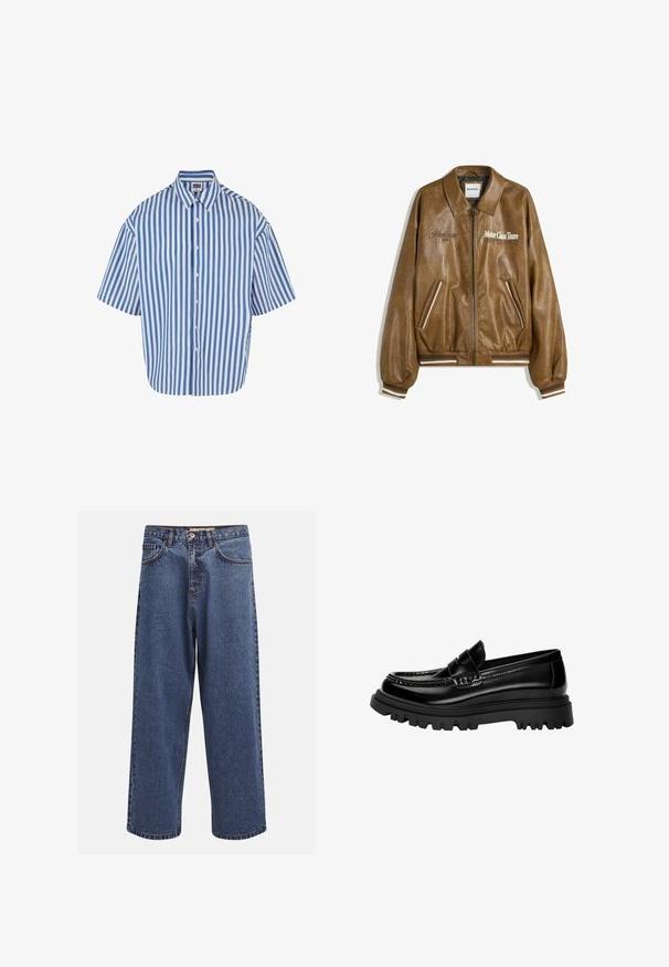 Brun läderbombjacka med en texturerad finish, ribbade muddar och nederkant. Har tryckta grafik "Motor Class Team" och randiga detaljer på fickorna.; Kortärmad skjorta med knappar som har blå och vita vertikala ränder, klassisk krage och en avslappnad passform med rak nederkant.; Bredbenta blå denimjeans med en urtvättad finish, med en knäppning framtill, fem fickor och kontrasterande sömmar längs sömmarna.; Svarta glänsande läderskor med en strukturerad rem, som har en kraftig svart gummisula med djupa mönster och en klassisk mockasin-design.