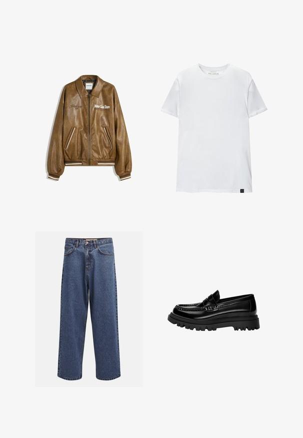 Giubbotto bomber in pelle marrone con finitura testurizzata, polsini e orlo a coste. Presenta grafiche "Motor Class Team" e accenti a righe sulle tasche.; T-shirt bianco attillato in cotone. Collo rotondo, maniche corte, texture liscia. Piccola etichetta nera al fondo. Design semplice.; Jeans in denim blu a gamba larga con finitura sbiadita, dotati di chiusura a bottoni, cinque tasche e cuciture in contrasto lungo le cuciture.; Mocassini in pelle nera lucida con una fascia testurizzata, dotati di una robusta suola in gomma nera con scanalature profonde e un design classico.