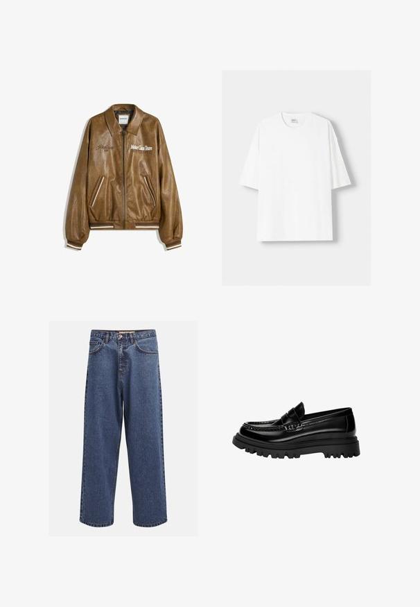 Veste bomber en cuir marron avec une finition texturée, des poignets et un ourlet côtelés. Présente les graphismes "Motor Class Team" et des accents rayés sur les poches.; T-shirt blanc à manches courtes en coton, avec un col rond et une coupe décontractée. Texture lisse, sans motifs ni accents visibles.; Jeans en denim bleu à large jambe avec une finition délavée, dotés d'une fermeture à boutons, de cinq poches et de surpiqûres contrastantes le long des coutures.; Mocassins noirs en cuir brillant avec une sangle texturée, dotés d'une semelle en caoutchouc noir épaisse avec des grips profonds et un design classique.