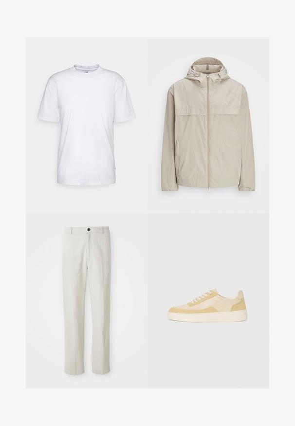 Beige lettvektsjakke med hette, glidelås foran og justerbare snorjermer. Har en brystlomme og elastiske mansjetter. Glatt tekstur.; Hvit bomull t-skjorte med rund hals, korte ermer og rett kant. Har et lite merke på venstre side av sømmen.; Beige rette benbukser med bæltestropper, frontknap og lynlås lukning, vist fladt på en hvid baggrund.; Sko i lys gul semsket lær og skinn, med en polstret såle og stiktede detaljer. Klassisk snøring med rund tå.