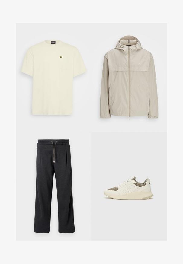 Beige lehký kabát s kapucí, předním zipem a nastavovacími stahovacími šňůrkami. Obsahuje náprsní kapsu a elastické manžety. Hladká textilie.; Kratký rukáv, světle krémové tričko vyrobené z bavlny. Obsahuje kapsu a malé logo žlutého motýla na hrudi. Kulatý výstřih.; Tmavě šedé joggers s měkkou texturou, elastickým pasem, šňůrkovým zapínáním a postranními švy s kontrastními akcenty. Široký střih nohavic.; Bílé a světle béžové atletické tenisky, které mají síťovaný svršek, perforované detaily a texturovanou mezipodešev s logem na patě.
