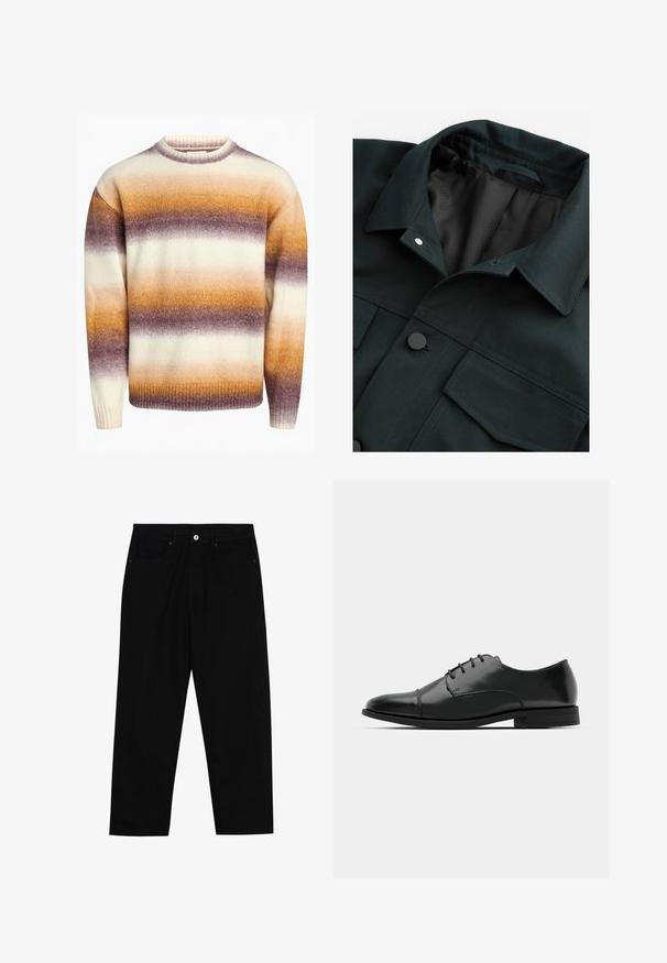 Schwarze Jeansjacke mit strukturiertem Kragen, Druckknöpfen und zwei Brusttaschen. Das Innenfutter weist ein strukturiertes Mesh-Futter auf.; Redefined Rebel JOSEPH BOXY FIT - Strickpullover - caramel cafe; Schwarze Jeans mit geradem Schnitt, Fünf-Taschen-Design und einem vorderen Knopfverschluss. Glatte Textur mit minimalen Nähten.; Schwarzer Leder-Dieerschuh mit runder Zehenform, Schnürdesign, dezenten Nähdetails und niedrigem Absatz. Glatte Textur mit polierter Oberfläche.