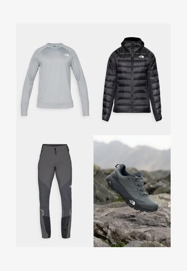 Black puffer jacket with a zip front and hood. Features quilted sections and a logo on the left chest. Stretchy side panels for fit.; Light gray sweatshirt with long sleeves and a crew neckline. Features a ribbed hem and cuffs. The North Face logo is displayed on the chest.; Grey hiking pants featuring a tapered design, multiple pockets, and contrasting dark grey and black accents. Made from a flexible, durable material.; Grey trail running shoe with a textured upper, durable rubber sole, and reinforced toe cap. Features laces and brand logo on the side.