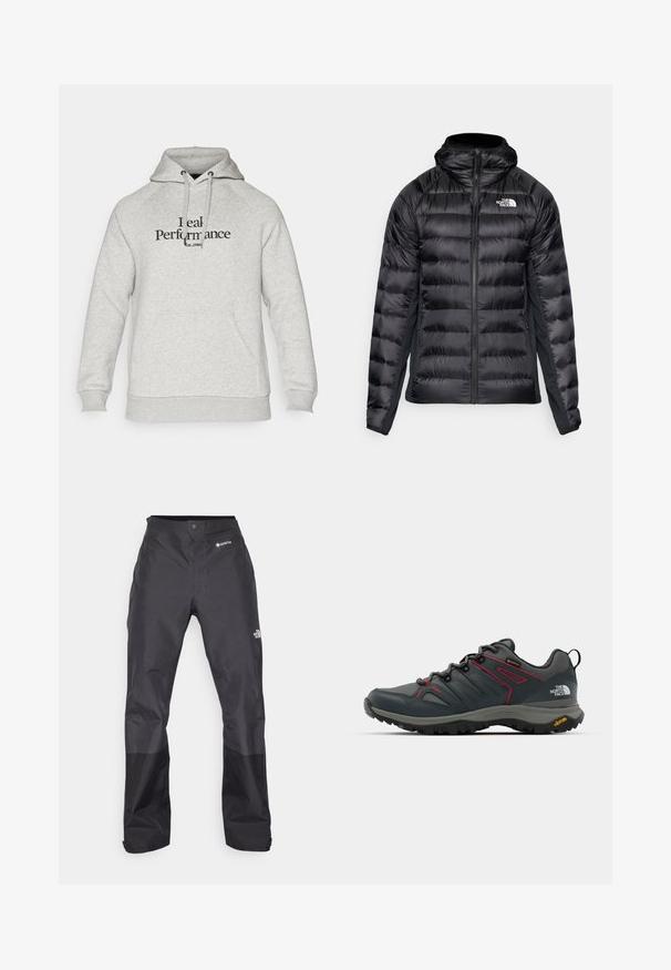 Black puffer jacket with a zip front and hood. Features quilted sections and a logo on the left chest. Stretchy side panels for fit.; Gray hoodie with a drawstring hood, raglan sleeves, front pocket, and "Real Performance" text printed in black. Soft fabric texture.; Black waterproof pants with a smooth texture, featuring a GORE-TEX logo on the front, and reinforced lower legs for durability.; Gray hiking shoe with red accents, mesh and synthetic upper, lacing system, and Vibram outsole for traction. Features Gore-Tex for water resistance.