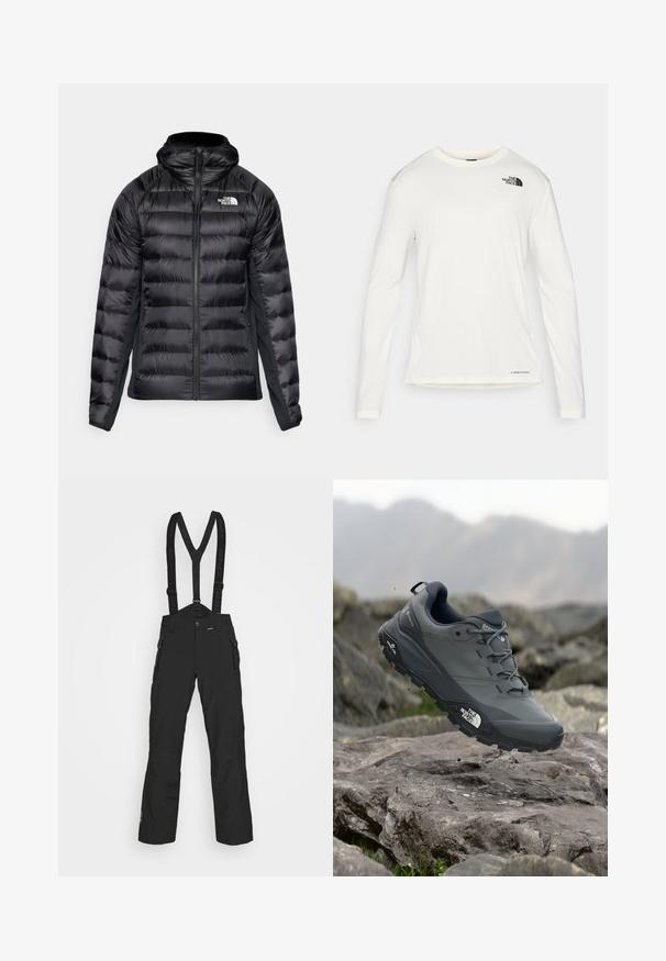 Jachetă puf neagră cu fermoar frontal și glugă. Prezintă secțiuni matlasate și un logo pe partea stângă a pieptului. Panouri laterale elastice pentru o potrivire confortabilă.; Cămașă albă cu mânecă lungă, cu guler rotund, dintr-un material texturat, logo negru pe umărul stâng și branding subtil în partea de jos.; Pantaloni de zăpadă negri, de înaltă performanță, cu bretele ajustabile, buzunare frontale cu fermoar și o textură netedă, durabilă.; Pantof de alergare pe trasee gri, cu o partieră texturată, talpă din cauciuc durabil și vârf întărit. Dispune de șireturi și logo-ul brandului pe lateral.