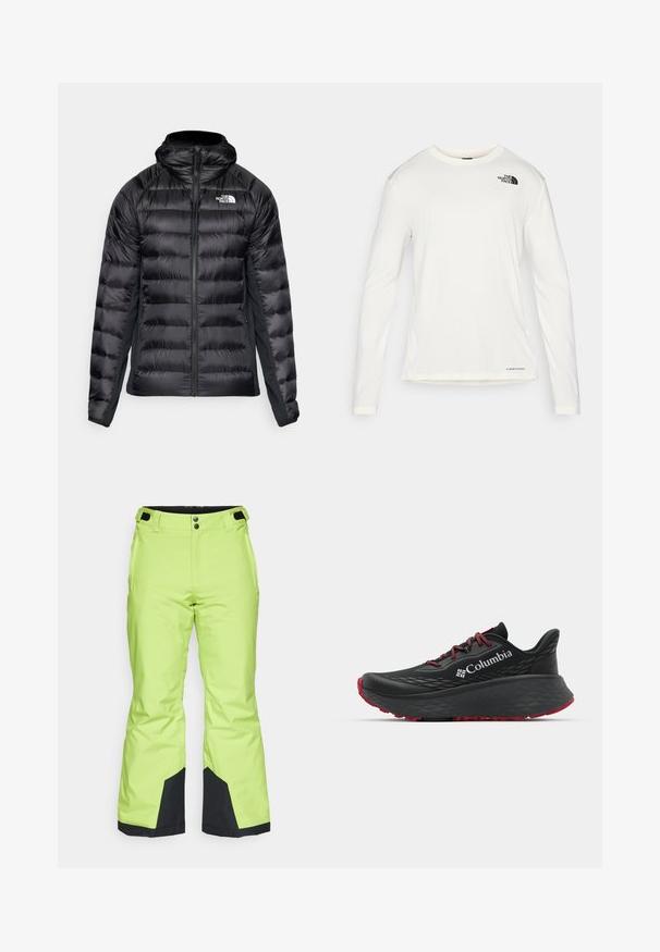 Schwarze Pufferjacke mit Reißverschluss und Kapuze. Verfügt über gesteppten Abschnitte und ein Logo auf der linken Brust. Elastische Seitenpaneele für die Passform.; Weißes Langarmhemd mit Rundhalsausschnitt, strukturierter Stoff, schwarzes Logo auf der linken Schulter und dezente Markenkennzeichnung am unteren Rand.; Hellgrüne Skihosen mit glatter Textur, die schwarze Akzente an den Bündchen und einen Knopfschluss an der Taille aufweisen.; Schwarzer Sportschuh mit strukturiertem Obermaterial, roten Schnürsenkeln und Logo. Dicke Sohle mit strukturiertem Profil für Traktion. Minimalistisches Design, Seitenansicht.