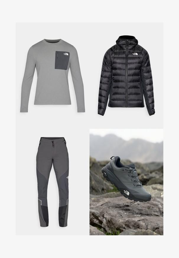 Juodas pūkinis švarkas su užtrauktuku priekyje ir kapišonu. Yra siuvinėti skyriai ir logotipas ant kairės krūtinės pusės. Lankstūs šoniniai skydeliai geresniam prigludimui.; Ilgų rankovių pilkas marškinis su tekstūruota medžiaga, kuris turi tamsiai pilką krūtinės kišenę ir užtrauktuką. Kišenėje baltas logotipas.; Pilkos žygio kelnės, su siaurėjančiu dizainu, keliais kišenėmis ir kontrastingomis tamsiai pilkomis ir juodomis detalėmis. Pagamintos iš elastingos, tvirtos medžiagos.; Pilkas bėgimo batelis su tekstūruota viršutine dalimi, tvirtu guminio pado ir sustiprinta nosimi. Turi raištelius ir prekės ženklo logotipą šone.