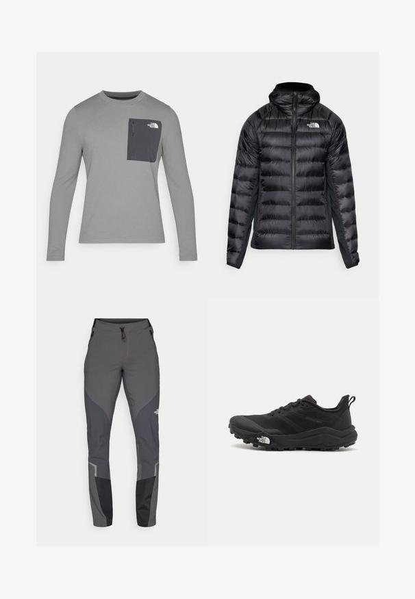 Svart boblejakke med glidelås foran og hette. Den har quiltede seksjoner og en logo på venstre bryst. Elastiske sidelapper for god passform.; Langermet grå skjorte med strukturert stoff, med en mørk grå brystlomme og glidelås. Logo på lommen i hvitt.; Grå tursbukser med en innsnevret design, flere lommer og kontrasterende mørkegrå og svarte detaljer. Laget av et fleksibelt, slitesterkt materiale.; Svart terrengløpesko med teksturert overdel, gummisåle og forsterket tåhette. Har polstret krage og løftestropp for enkel påkledning.