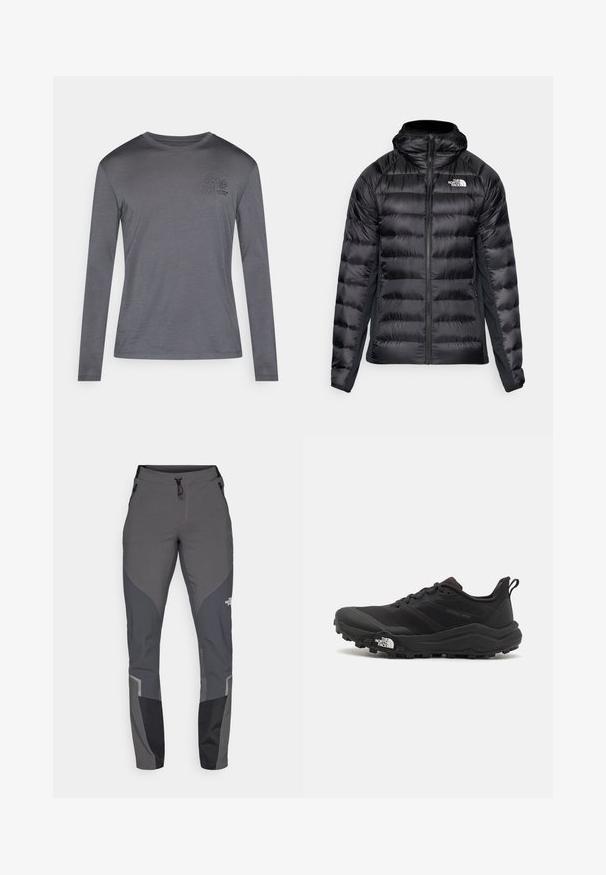 Czarna kurtka puchowa z zamkiem z przodu i kapturem. Posiada pikowane sekcje oraz logo na lewej piersi. Elastyczne panele boczne zapewniają lepsze dopasowanie.; Koszula z długim rękawem w ciemnoszarym kolorze, wykonana z miękkiej tkaniny. Posiada mały kwiatowy wzór na piersi oraz okrągły dekolt. Prosty design.; Szare spodnie trekkingowe o tapered fit, z wieloma kieszeniami oraz kontrastującymi ciemnoszarymi i czarnymi akcentami. Wykonane z elastycznego, wytrzymałego materiału.; Czarne buty do biegania w terenie z teksturowaną cholewką, gumową podeszwą i wzmocnionym noskiem. Posiadają wyściełany kołnierz oraz uchwyt do łatwego zakładania.