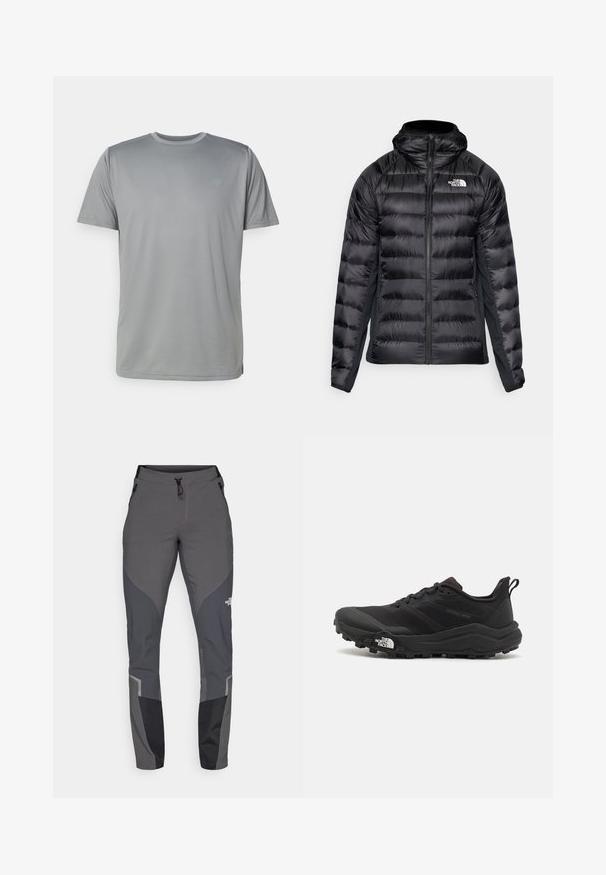 Black puffer jacket with a zip front and hood. Features quilted sections and a logo on the left chest. Stretchy side panels for fit.; New Balance Sports T-shirt - slate grey; Grey hiking pants featuring a tapered design, multiple pockets, and contrasting dark grey and black accents. Made from a flexible, durable material.; Black trail running shoe with a textured upper, rubber sole, and reinforced toe cap. Features a padded collar and pull tab for easy wear.