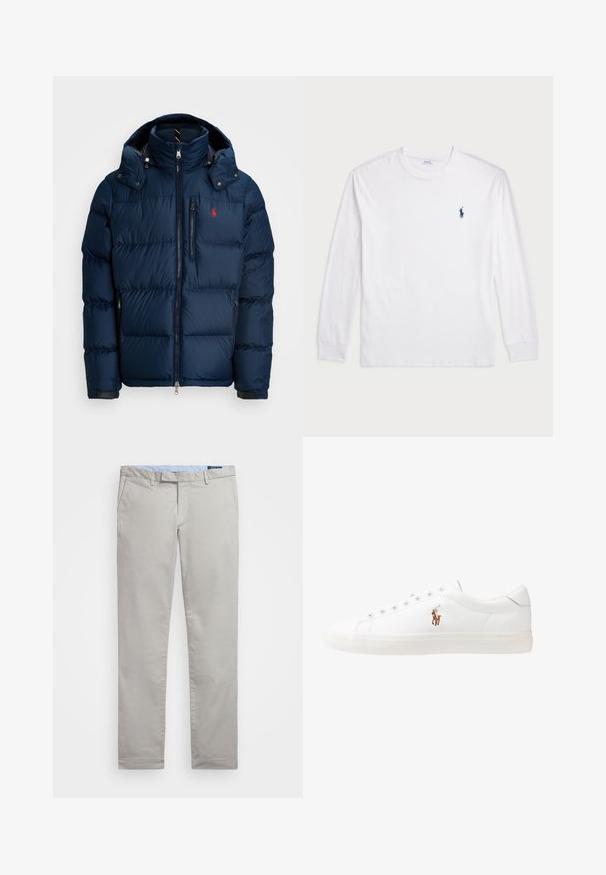 Navy blue puffer jacket with a hood, featuring a zippered front, side pockets, and a small red logo on the chest. Lightweight and textured finish.; White long-sleeve T-shirt made of cotton. Features a round neckline, ribbed cuffs, and a small navy blue polo logo on the left chest.; Light gray cotton chinos with a flat front design, belt loops, and side pockets. Smooth texture and straight leg fit.; White leather sneakers, low-top design, featuring a smooth texture, round toe, laced front, and a small embroidered logo on the side.