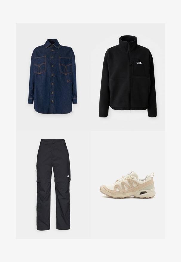 Schwarze Fleecejacke mit hohem Kragen, vollem Reißverschluss und einer linken Brusttasche mit einem Logo. Der Stoff hat eine weiche, strukturierte Oberfläche.; Dunkelblaues Denimhemd mit durchgehender Knopfleiste, Kentkragen und zwei großen Brusttaschen. Mit kontrastierenden orangen Nähten und Stickereien.; Schwarze Nylon-Zip-Off-Cargohosen mit verstellbaren Bündchen, mehreren Taschen und einem Logo am rechten Bein. Glatte, leichte Textur.; Beige und cremefarbenen Sportschuh mit strukturiertem Mesh-Obermaterial, unterstützenden Überzügen und Gummisohle mit einem Profilmuster für Bodenhaftung.
