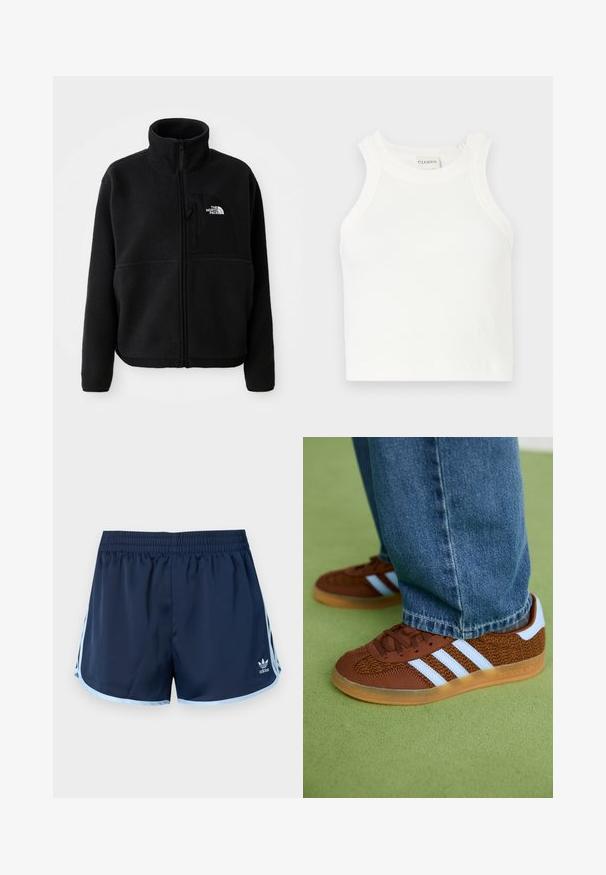Černá fleecová bunda s vysokým límcem, plným zipem a kapsou na levé hrudi s logem. Tkanina má měkký, strukturovaný povrch.; Bílý žebrovaný top s širokými ramínky a přiléhavým střihem. Má malé embossované logo poblíž lemu.; Námořnické modré sportovní šortky se staženým pasem, světle modré boční detaily a vyšitým logem na dolní pravé noze.; Hnědé tenisky Adidas s bílými pruhy a gumovou podrážkou, obuté s modrými džíny na zeleném koberci.