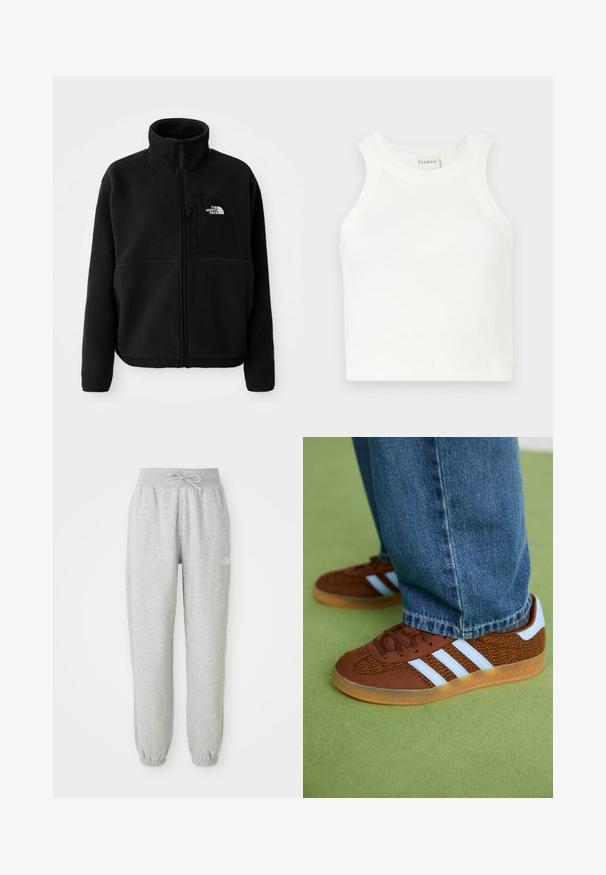 Černá fleecová bunda s vysokým límcem, plným zipem a kapsou na levé hrudi s logem. Tkanina má měkký, strukturovaný povrch.; Bílý žebrovaný top s širokými ramínky a přiléhavým střihem. Má malé embossované logo poblíž lemu.; Šedé tepláky s elastickým pasem a šňůrkami. Materiál je měkký, s elastickými manžetami na kotnících a akcentem s logem.; Hnědé tenisky Adidas s bílými pruhy a gumovou podrážkou, obuté s modrými džíny na zeleném koberci.